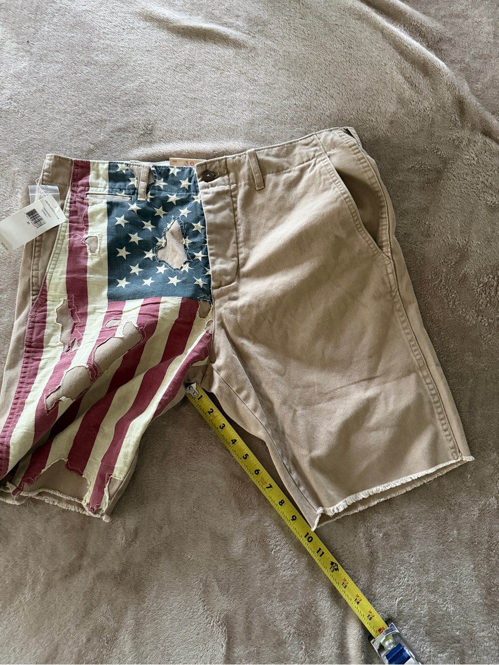 Ralph Lauren Denim & Supply 2 Tone Khaki Shorts w/Distressed American Flag Panel - Picture 10 of 10